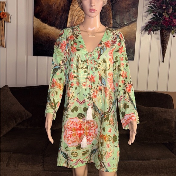 Caribbean Joe ~ Large ~ Green W/ Gold & Red Floral Tunic Swim Coverup Dress - Picture 2 of 15